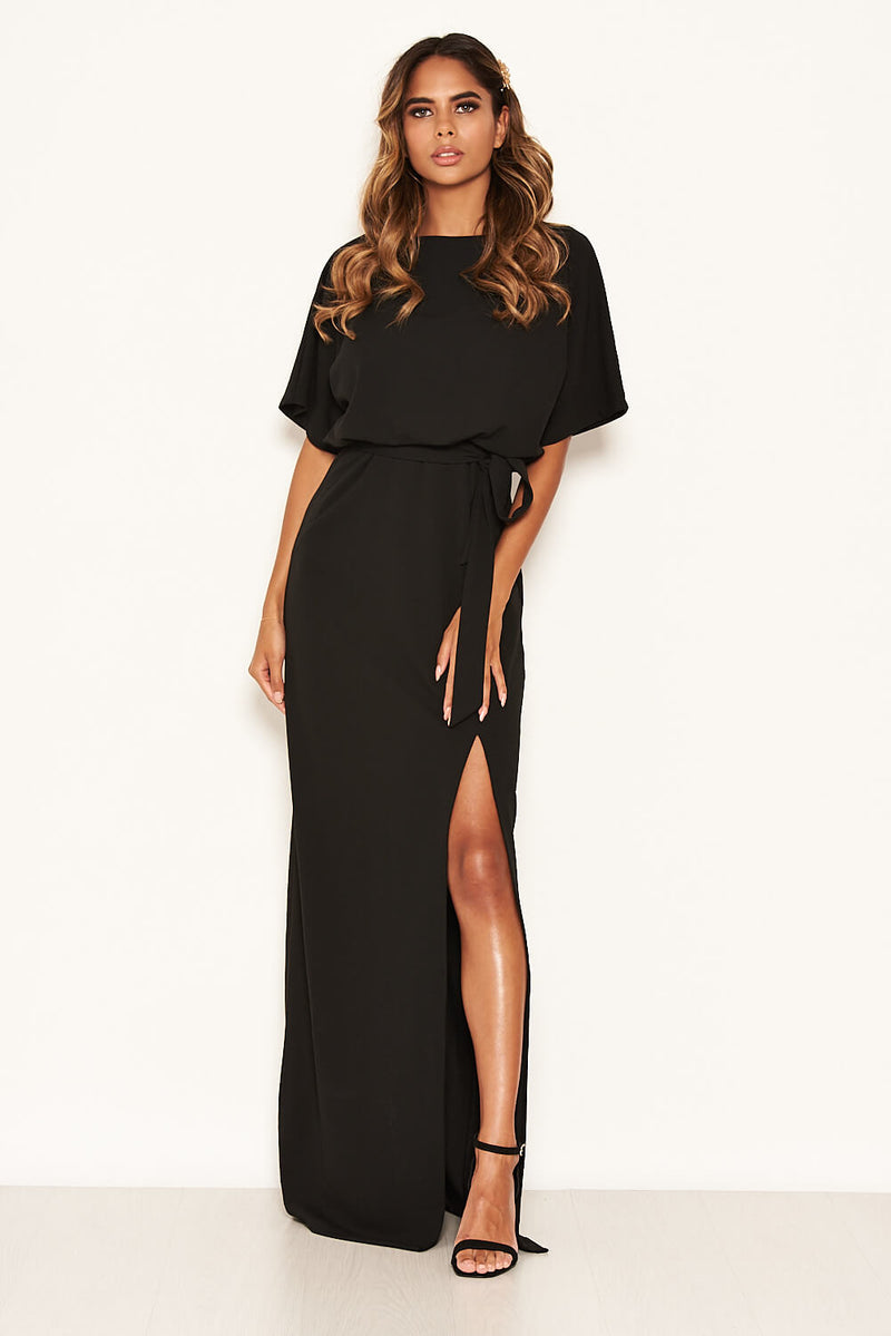 Black Tie Waist Split Leg Maxi Dress ...